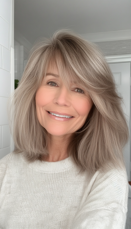 1. Layered Shag with Feathered Bangs (Ash Brown) (Hairstyles For Women Over 50 With Bangs) - Hairstyles For Women Over 50 With Bangs
