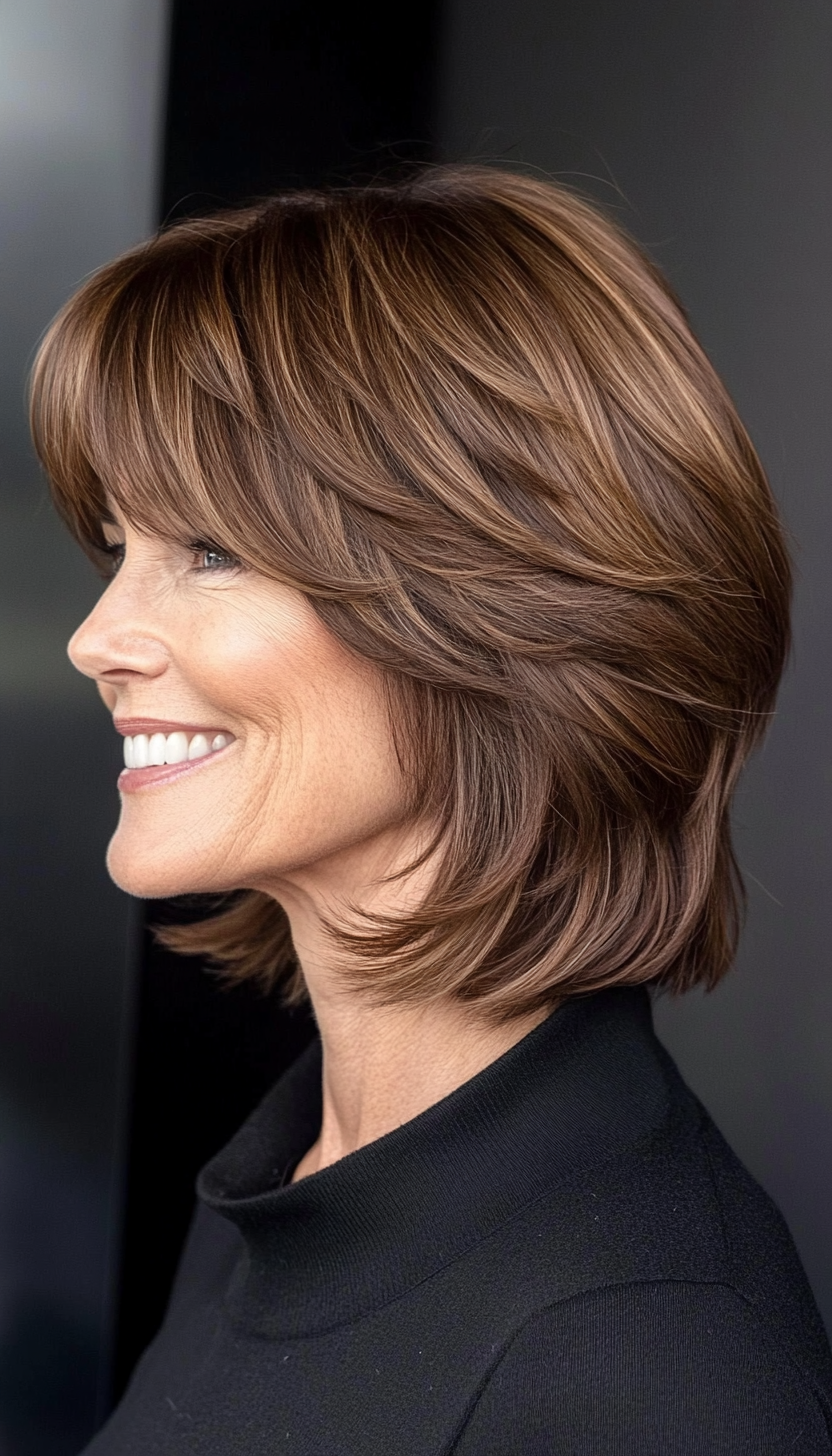 2. Chin-Length Bob with Side-Swept Bangs (Warm Chestnut) (Hairstyles For Women Over 50 With Bangs) - Hairstyles For Women Over 50 With Bangs