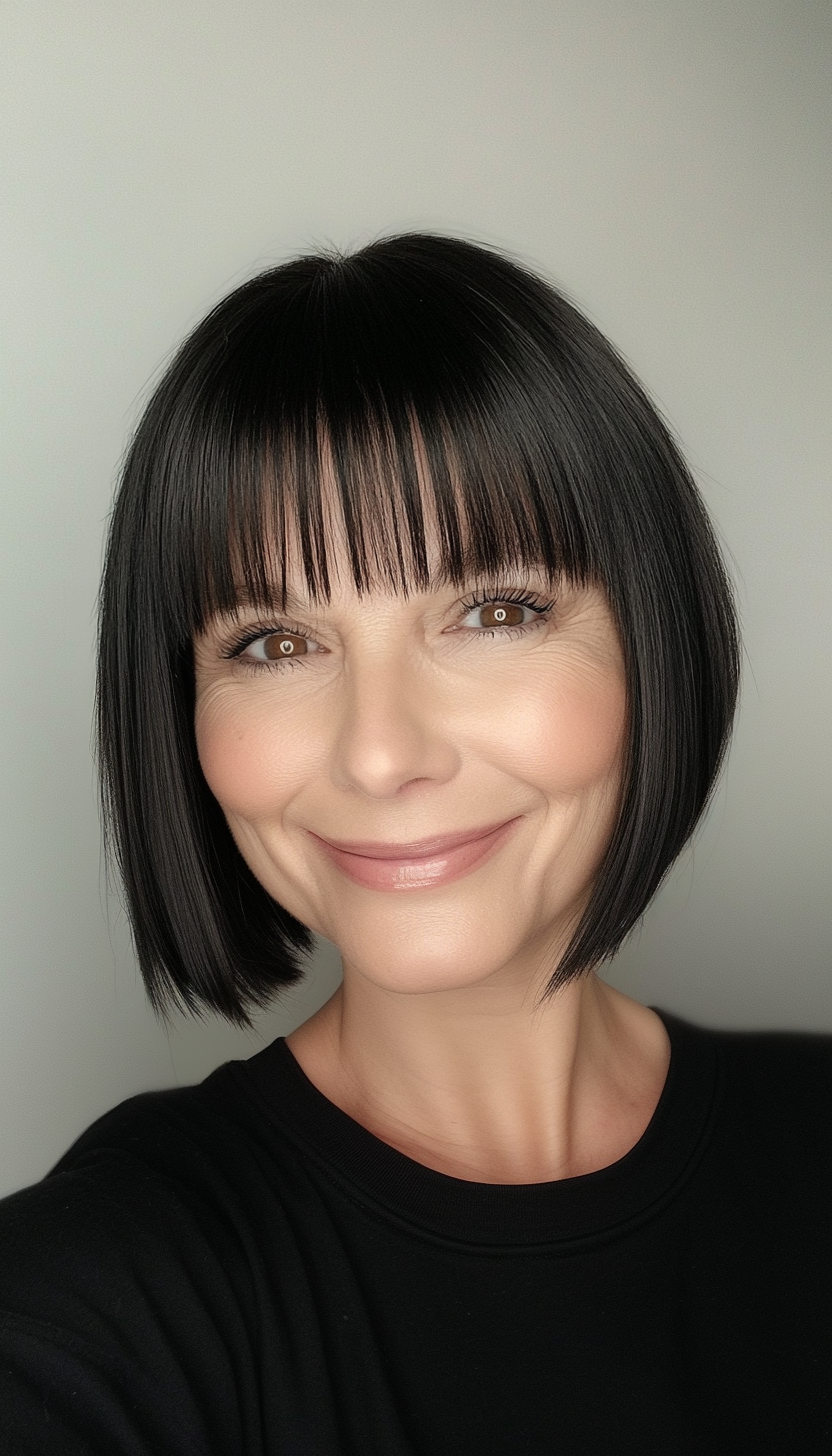 4. Pixie Cut with Blunt Bangs (Soft Black) (Hairstyles For Women Over 50 With Bangs) - Hairstyles For Women Over 50 With Bangs