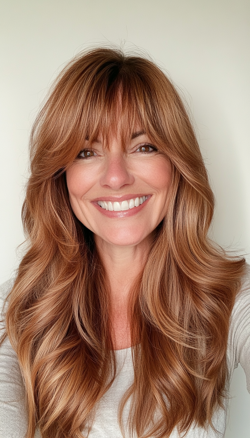 5. Long Layered Waves with Curtain Bangs (Caramel Brown) (Hairstyles For Women Over 50 With Bangs) - Hairstyles For Women Over 50 With Bangs