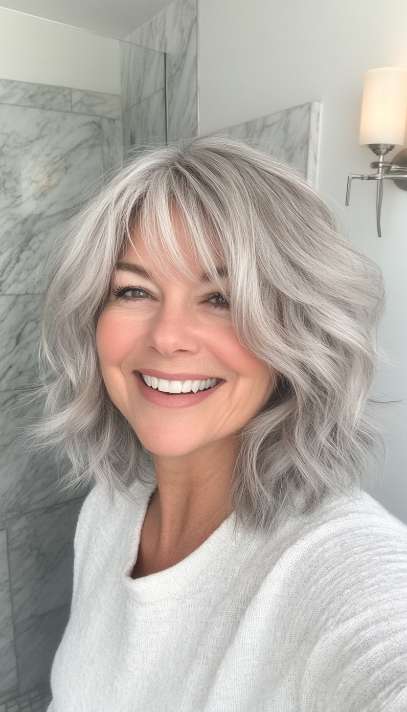 6. Textured Lob with Choppy Bangs (Silver Gray) (Hairstyles For Women Over 50 With Bangs) - Hairstyles For Women Over 50 With Bangs