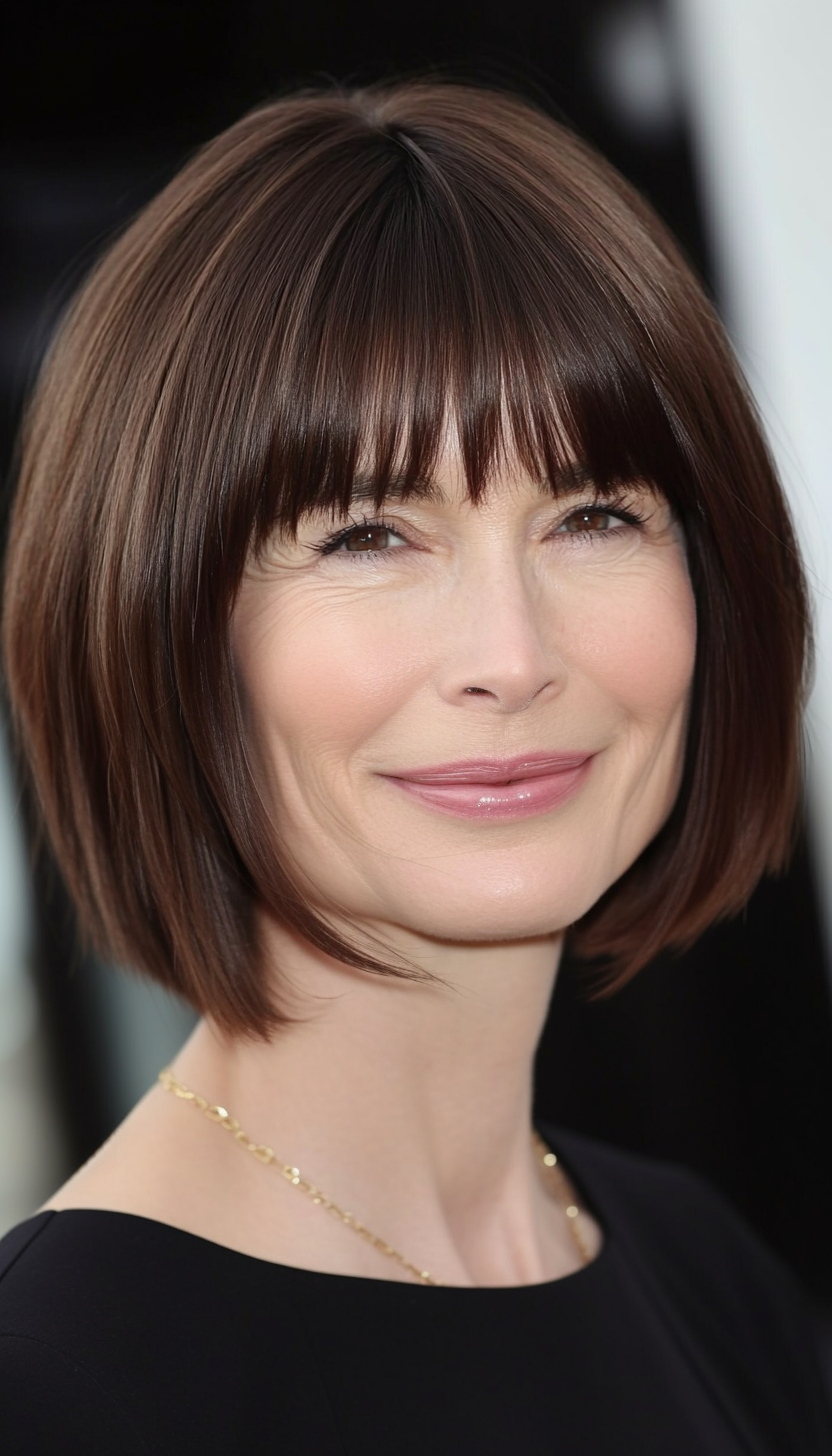 7. Classic French Bob with Micro Bangs (Chocolate Brown) (Hairstyles For Women Over 50 With Bangs) - Hairstyles For Women Over 50 With Bangs