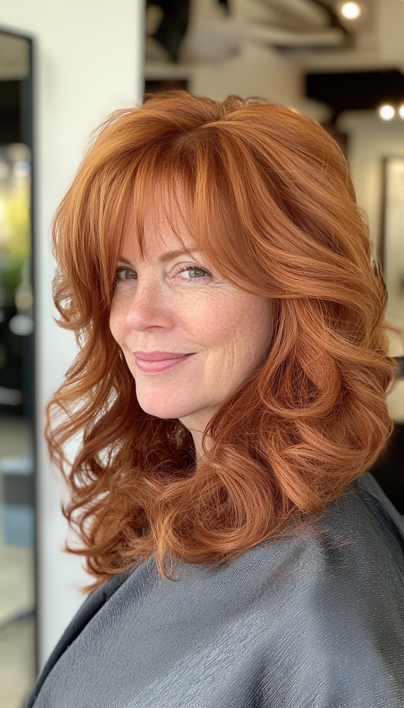 8. Soft Layered Curls with Rounded Bangs (Dark Auburn) (Hairstyles For Women Over 50 With Bangs) - Hairstyles For Women Over 50 With Bangs
