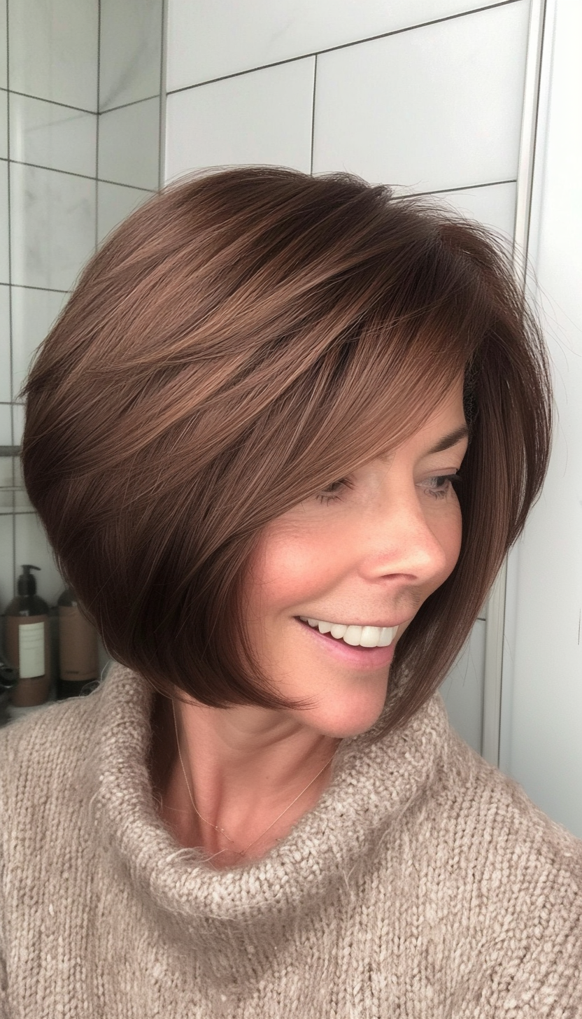 9. Short Stacked Bob with Side Bangs (Deep Mahogany) (Hairstyles For Women Over 50 With Bangs) - Hairstyles For Women Over 50 With Bangs