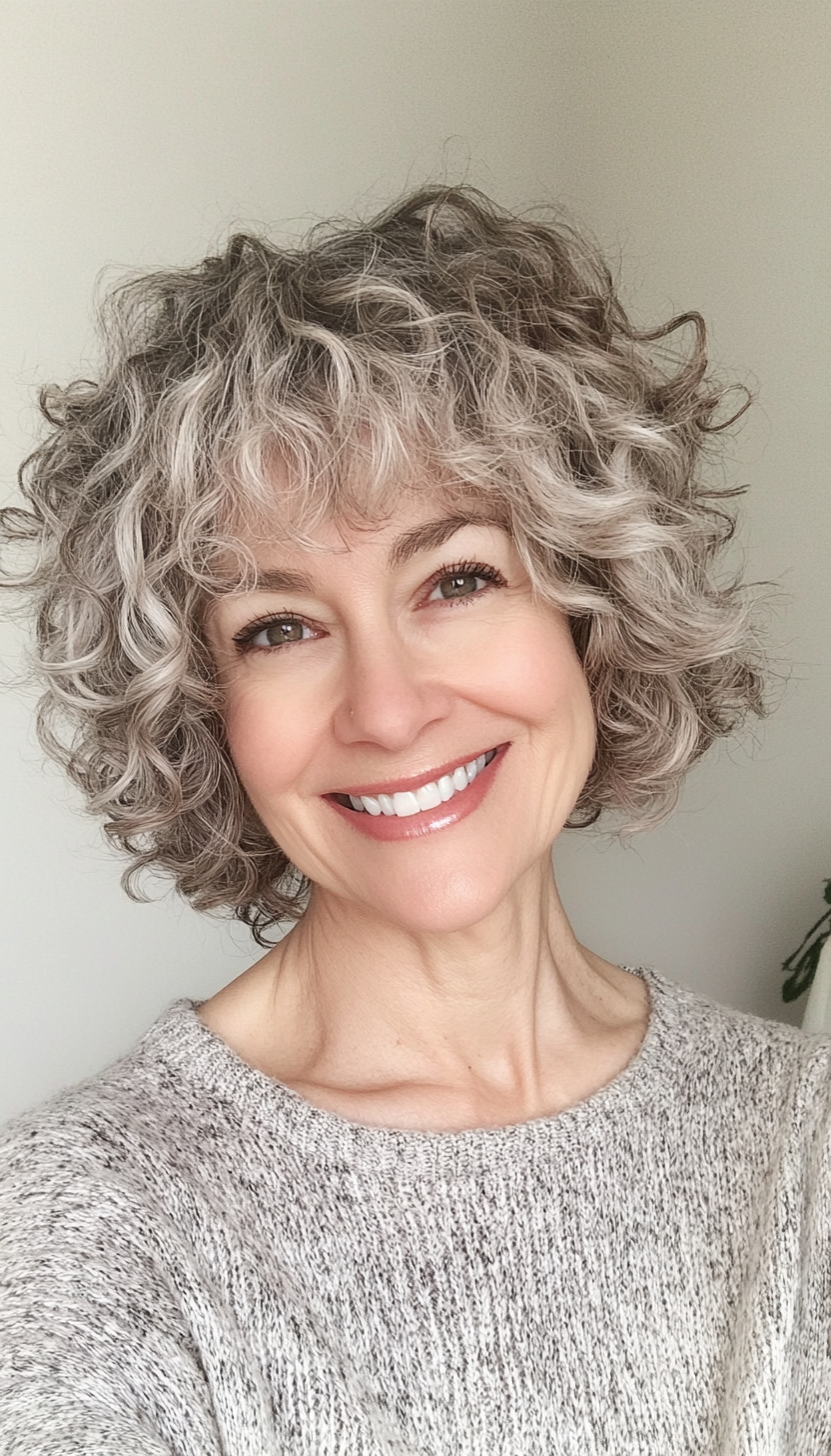 11. Curly Pixie with Layered Bangs (Salt and Pepper) (Hairstyles For Women Over 50 With Bangs) - Hairstyles For Women Over 50 With Bangs