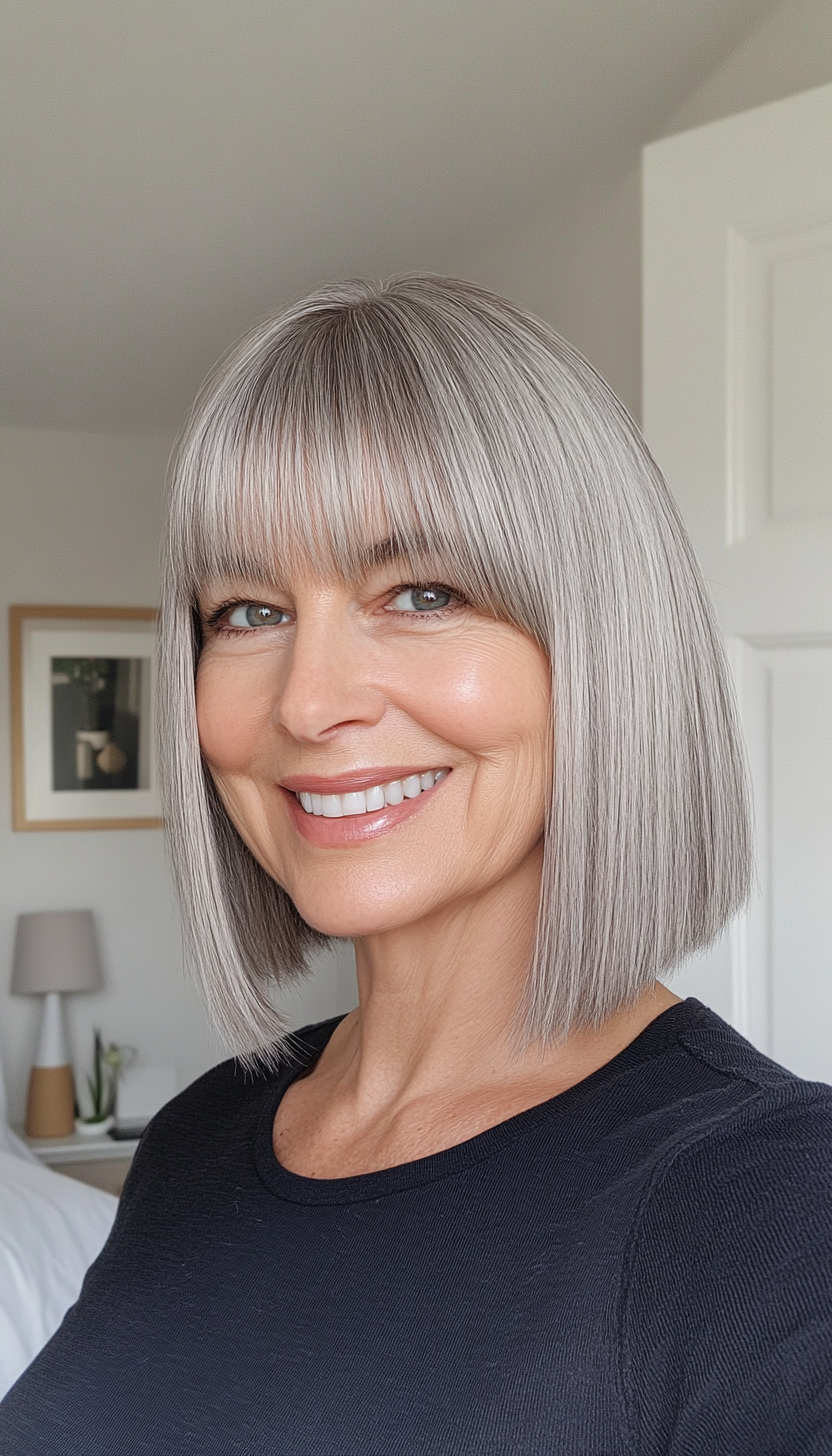 13. Classic Bob with Full Fringe (Natural Gray) (Hairstyles For Women Over 50 With Bangs) - Hairstyles For Women Over 50 With Bangs
