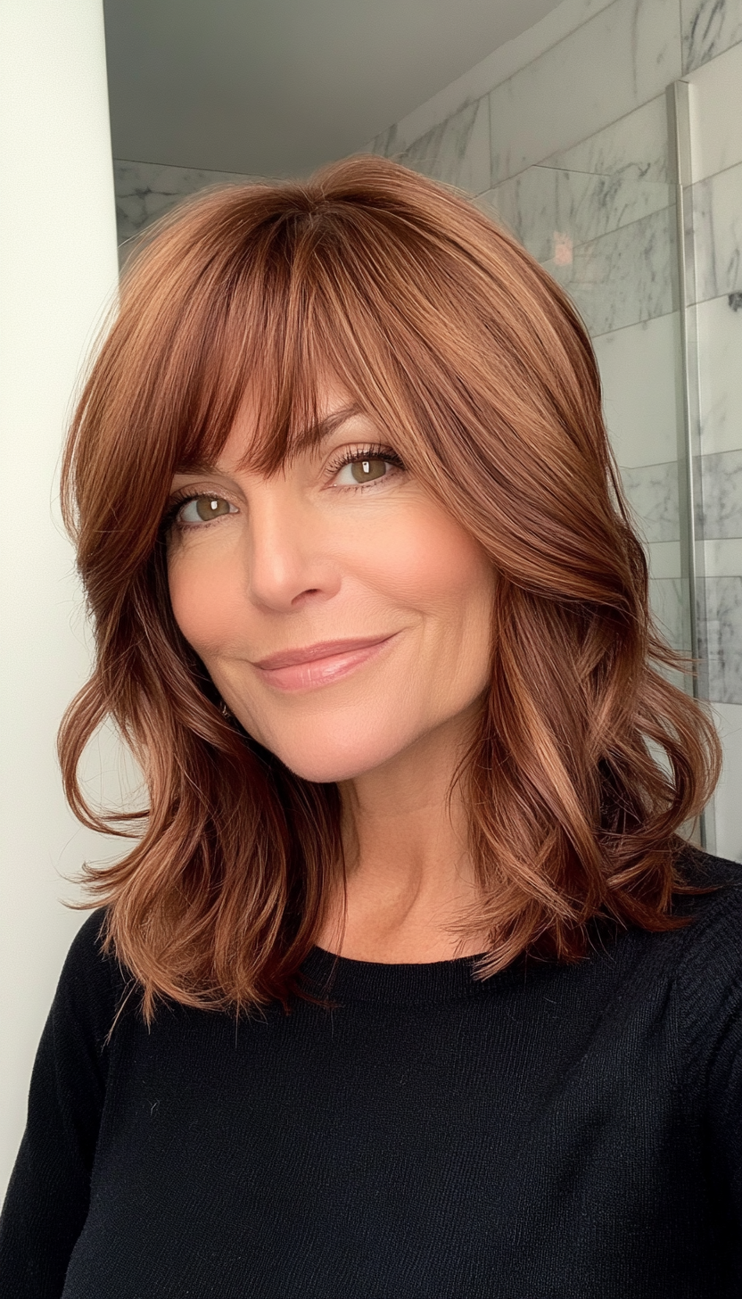 14. Long Bob with Side-Swept Fringe (Copper Brown) (Hairstyles For Women Over 50 With Bangs) - Hairstyles For Women Over 50 With Bangs