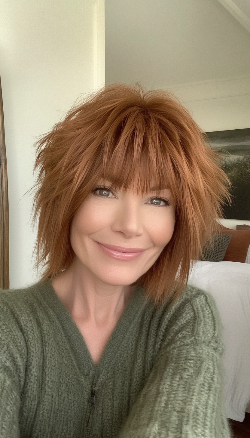 15. Short Crop with Textured Bangs (Chestnut Brown) (Hairstyles For Women Over 50 With Bangs) - Hairstyles For Women Over 50 With Bangs