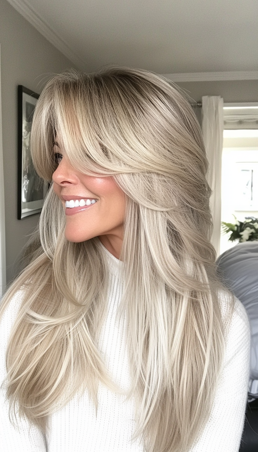 16. Long Layers with Wispy Curtain Bangs (Platinum Blonde) (Hairstyles For Women Over 50 With Bangs) - Hairstyles For Women Over 50 With Bangs