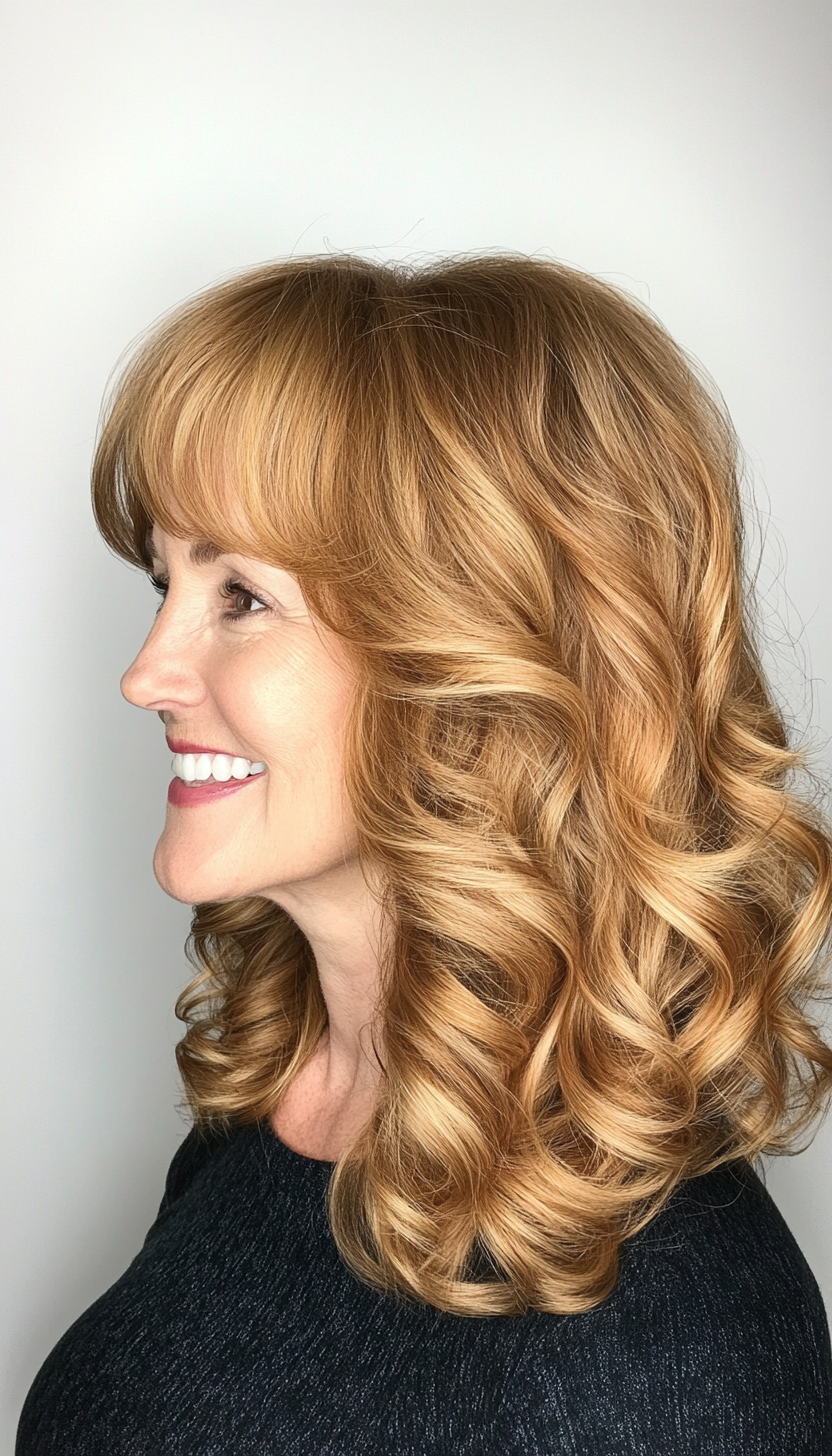 17. Voluminous Curls with Curved Bangs (Golden Brown) (Hairstyles For Women Over 50 With Bangs) - Hairstyles For Women Over 50 With Bangs