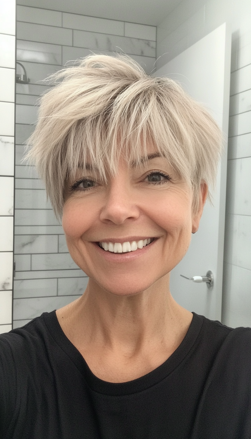 18. Shaggy Pixie with Razored Bangs (Cool Blonde) (Hairstyles For Women Over 50 With Bangs) - Hairstyles For Women Over 50 With Bangs