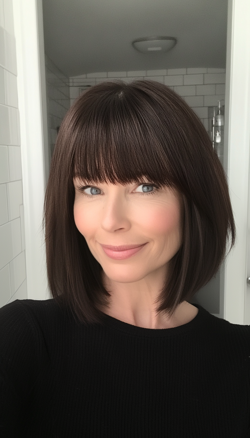 19. Sleek Straight Cut with Blunt Bangs (Dark Brown) (Hairstyles For Women Over 50 With Bangs) - Hairstyles For Women Over 50 With Bangs