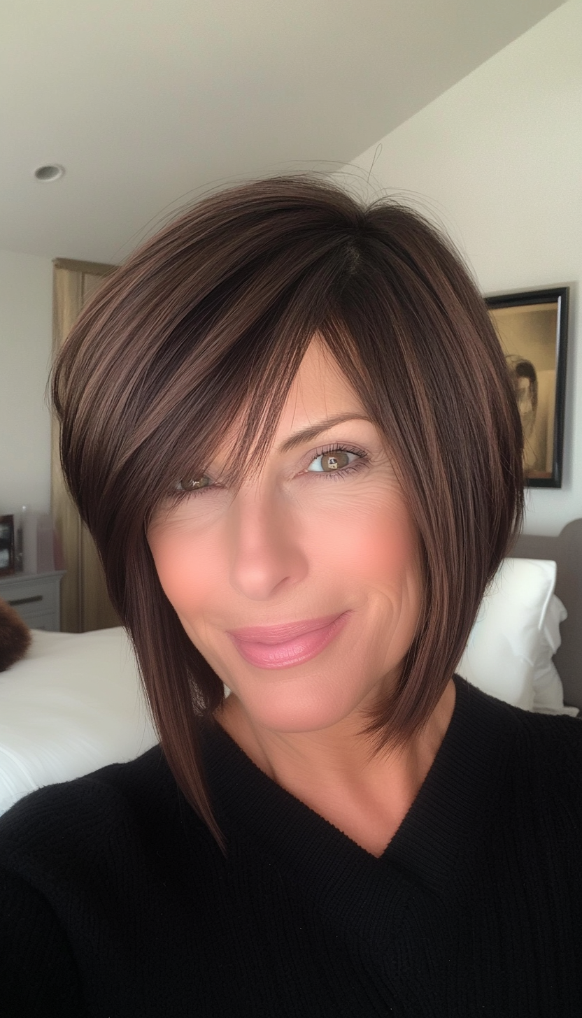 20. Asymmetrical Bob with Side Bangs (Warm Mahogany) (Hairstyles For Women Over 50 With Bangs) - Hairstyles For Women Over 50 With Bangs