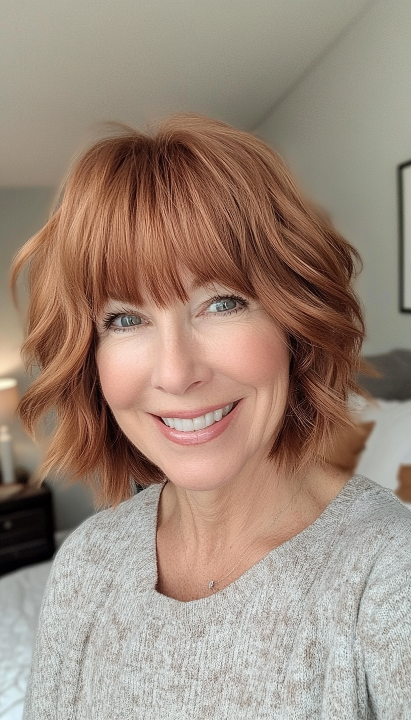 22. Textured Crop with Flicked Bangs (Deep Chestnut) (Hairstyles For Women Over 50 With Bangs) - Hairstyles For Women Over 50 With Bangs
