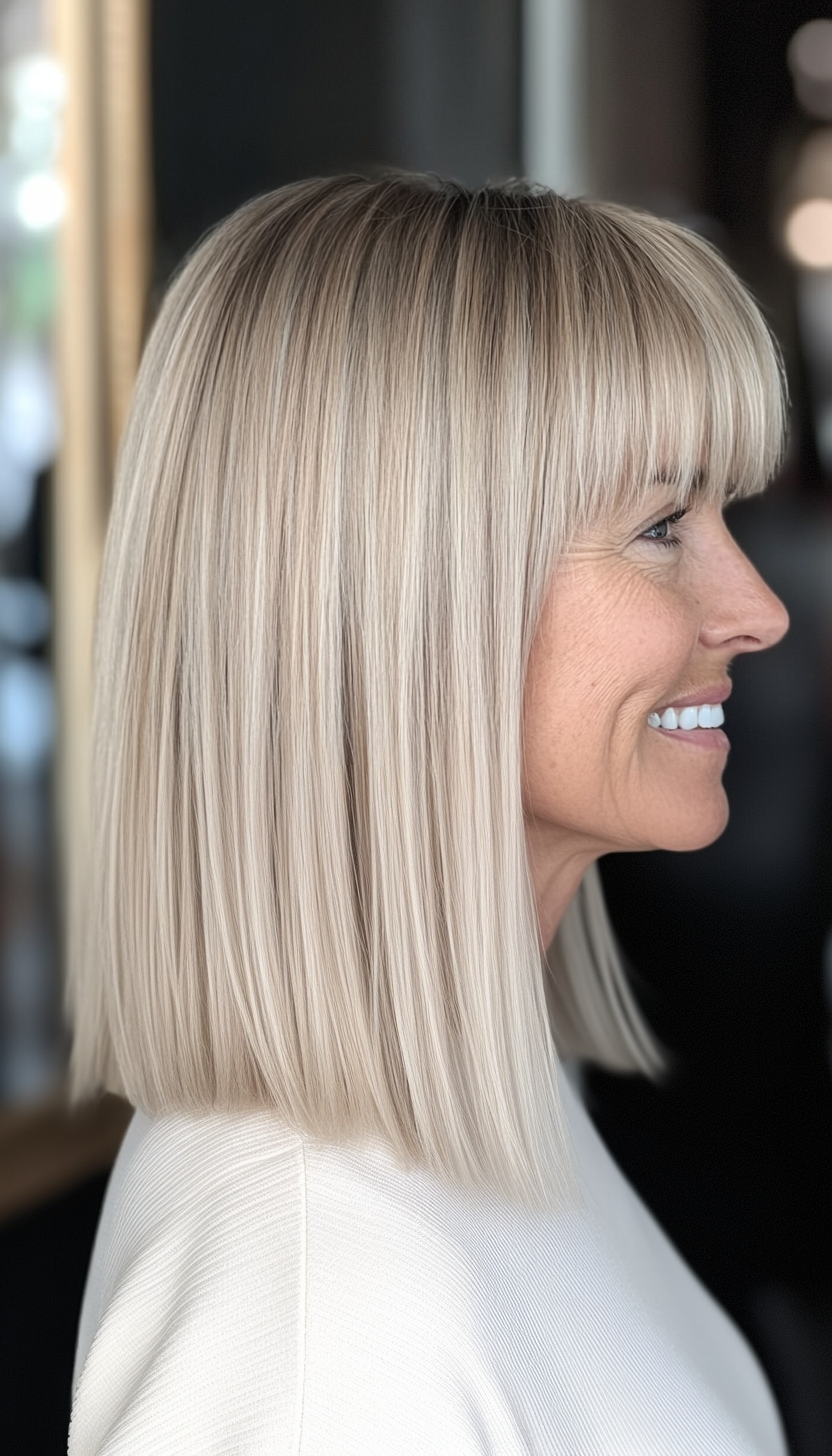 23. Blunt Cut Lob with Straight Bangs (Medium Ash Blonde) (Hairstyles For Women Over 50 With Bangs) - Hairstyles For Women Over 50 With Bangs
