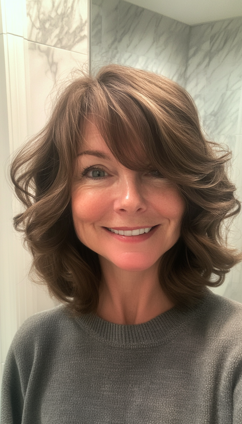 24. Soft Curls with Side-Parted Bangs (Rich Mocha) (Hairstyles For Women Over 50 With Bangs) - Hairstyles For Women Over 50 With Bangs