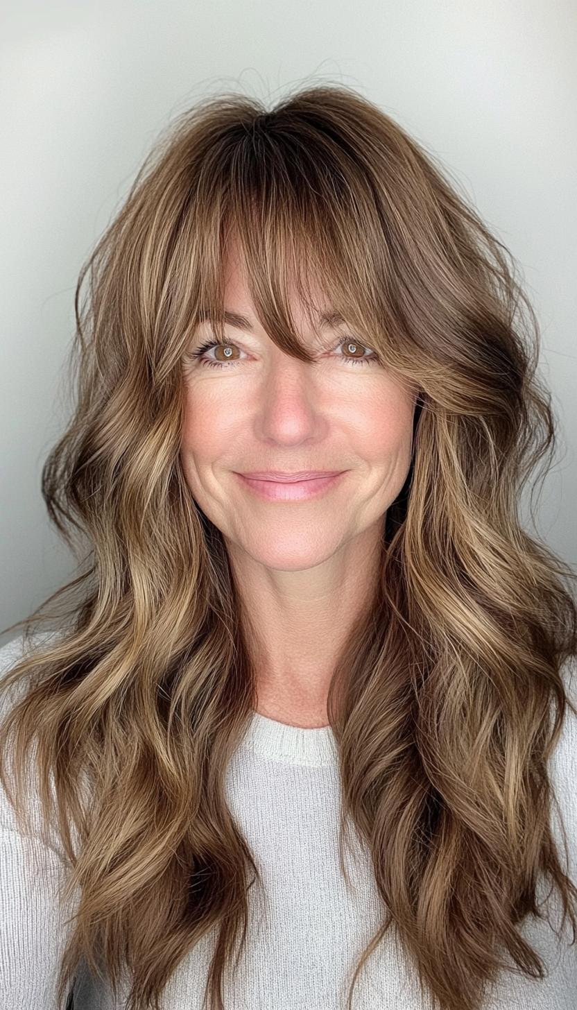 25. Long Wavy Layers with Face-Framing Bangs (Bronze Brown) (Hairstyles For Women Over 50 With Bangs) - Hairstyles For Women Over 50 With Bangs