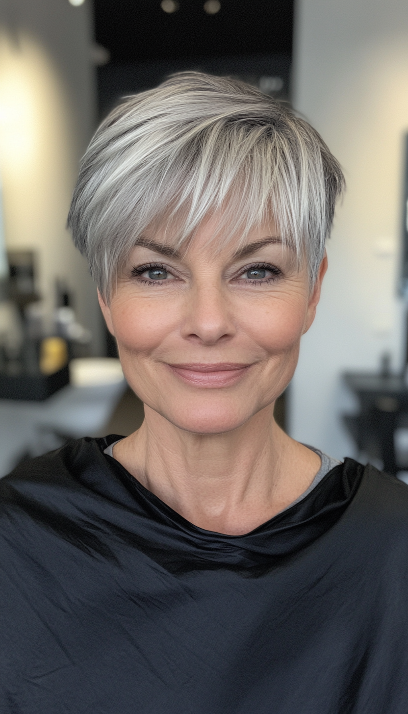 26. Short Tapered Pixie with Angled Bangs (Steel Gray) (Hairstyles For Women Over 50 With Bangs) - Hairstyles For Women Over 50 With Bangs