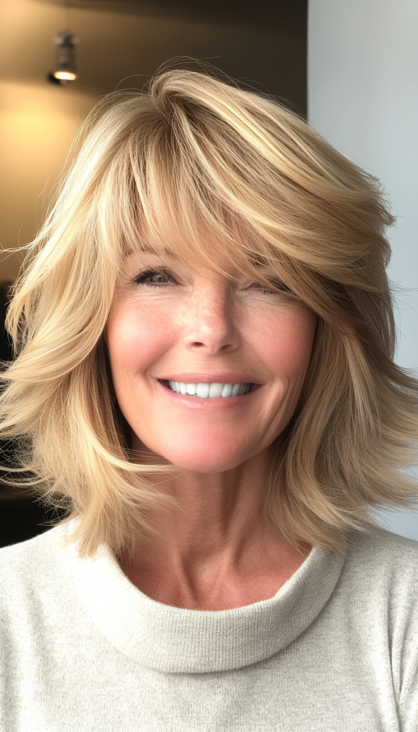27. Layered Bob with Wispy Side Bangs (Light Caramel) (Hairstyles For Women Over 50 With Bangs) - Hairstyles For Women Over 50 With Bangs