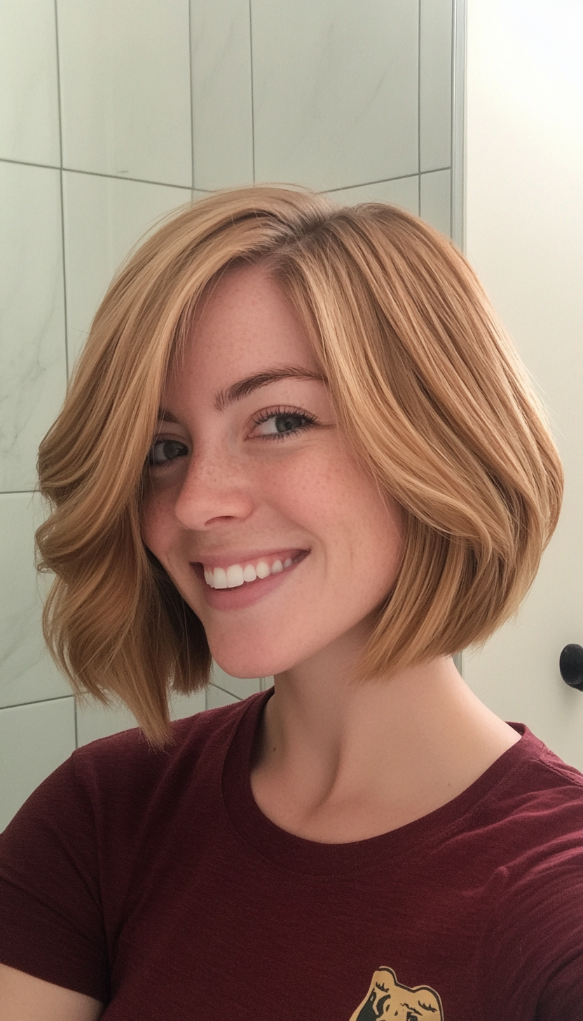 18. Layered Honey Blonde Bob (Medium Bob Hairstyles) - Medium Bob Hairstyles