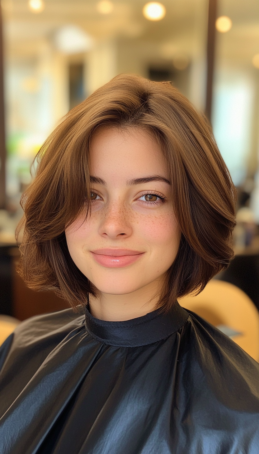 27. Side Swept Chestnut Layered Bob (Medium Bob Hairstyles) - Medium Bob Hairstyles