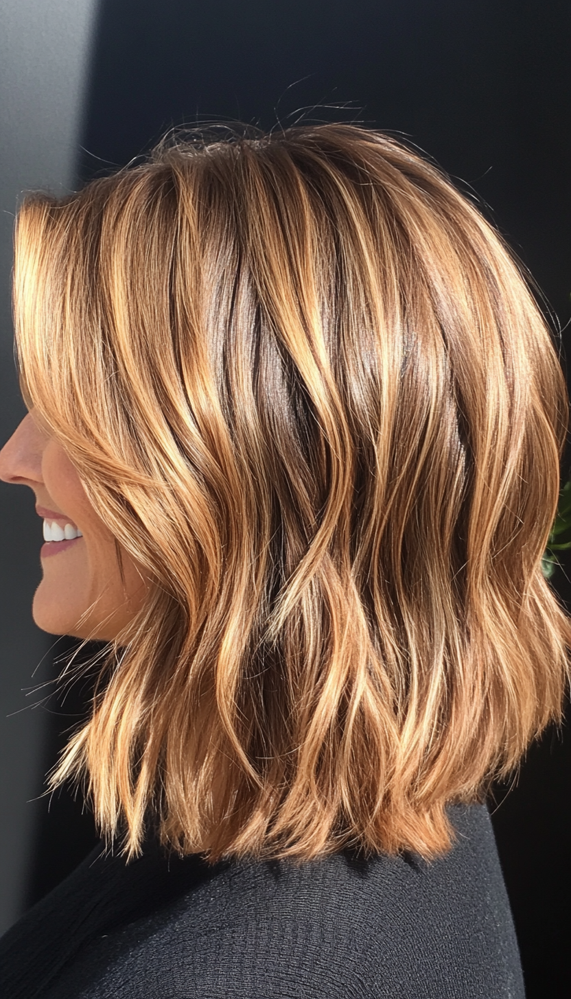 4. Textured Lob with Warm Honey Brown (Medium Length Hairstyles For Women Over 40) - Medium Length Hairstyles For Women Over 40