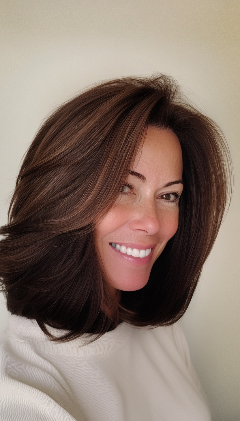 7. Feathered Lob with Dark Chocolate Brown (Medium Length Hairstyles For Women Over 40) - Medium Length Hairstyles For Women Over 40