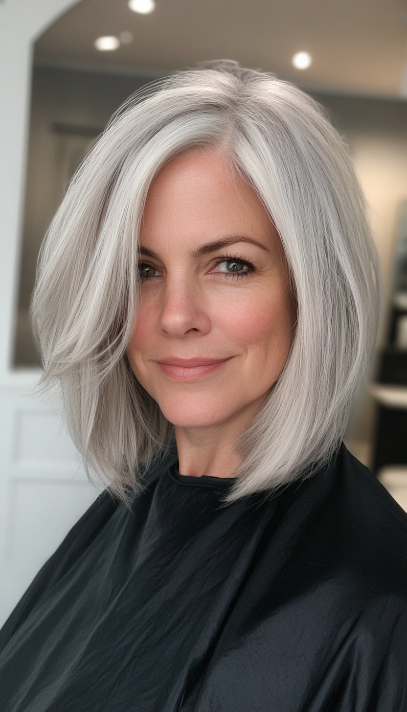 8. Straight Cut with Silver Gray (Medium Length Hairstyles For Women Over 40) - Medium Length Hairstyles For Women Over 40
