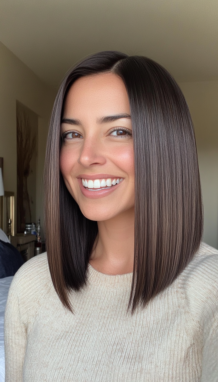12. Sleek Blunt Lob with Rich Espresso (Medium Length Hairstyles For Women Over 40) - Medium Length Hairstyles For Women Over 40
