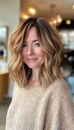13. Tousled Shag with Golden Brown Balayage (Medium Length Hairstyles For Women Over 40) - Medium Length Hairstyles For Women Over 40