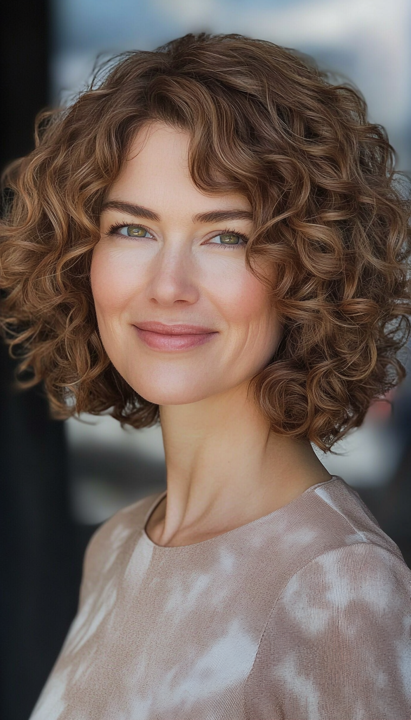 14. Layered Curly Bob with Soft Cocoa (Medium Length Hairstyles For Women Over 40) - Medium Length Hairstyles For Women Over 40