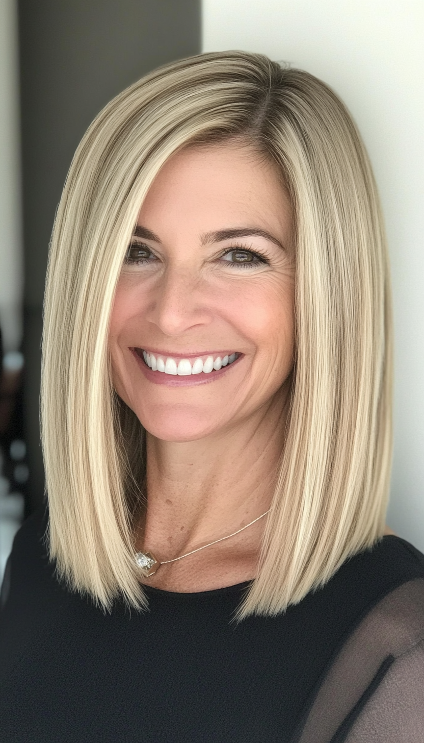 15. Blunt Cut Lob with Sandy Blonde (Medium Length Hairstyles For Women Over 40) - Medium Length Hairstyles For Women Over 40