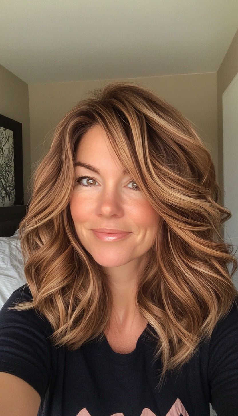 17. Layered Wave Cut with Cool Chestnut (Medium Length Hairstyles For Women Over 40) - Medium Length Hairstyles For Women Over 40
