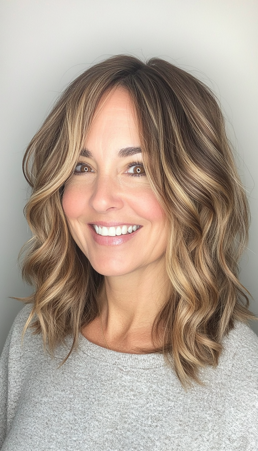 20. Wavy Collarbone Cut with Light Brown Highlights (Medium Length Hairstyles For Women Over 40) - Medium Length Hairstyles For Women Over 40
