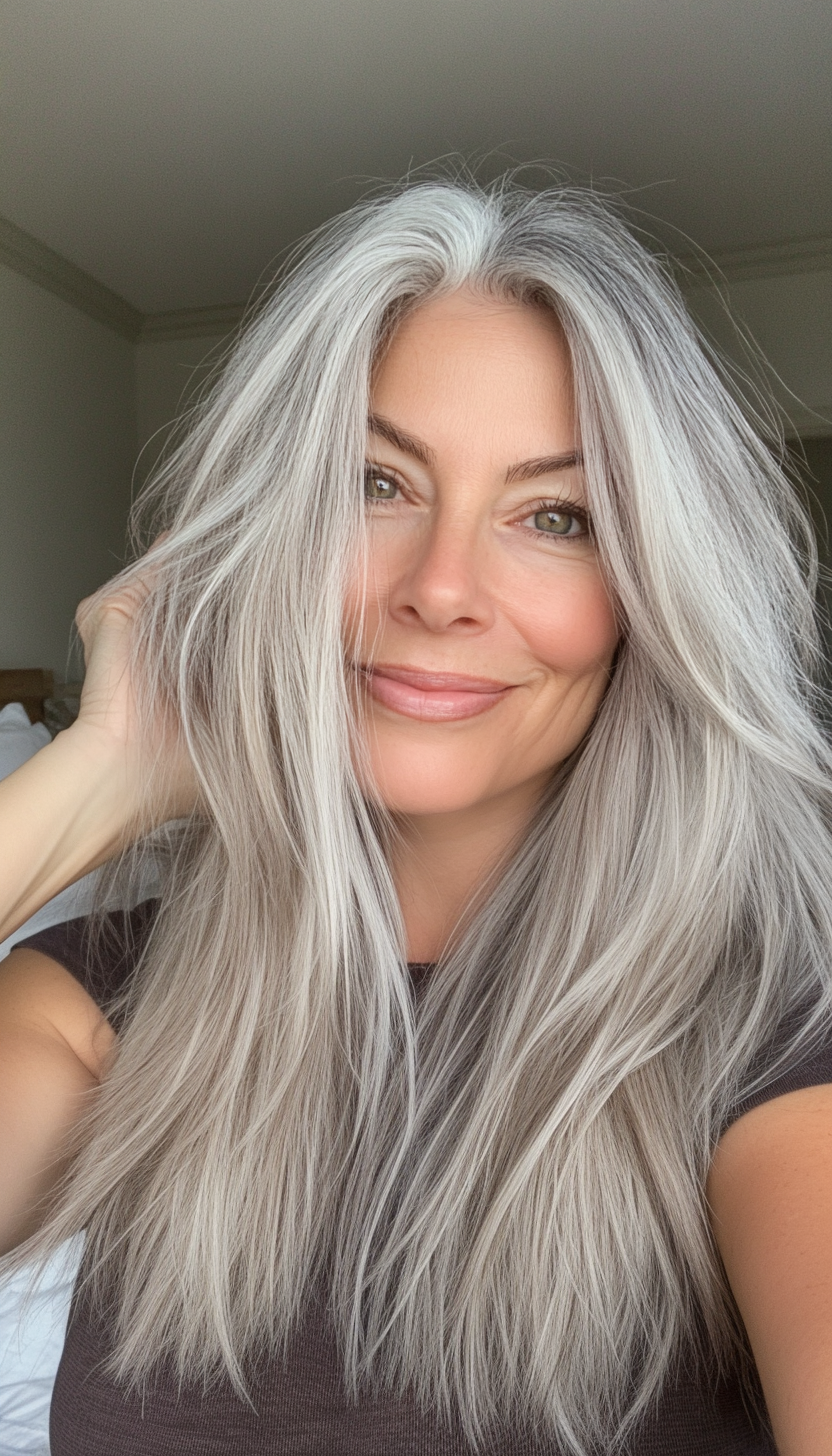 21. Medium Shaggy Layers with Natural Gray (Medium Length Hairstyles For Women Over 40) - Medium Length Hairstyles For Women Over 40