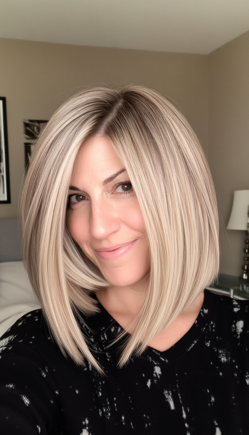 22. Curved Inward Bob with Cool Beige Blonde (Medium Length Hairstyles For Women Over 40) - Medium Length Hairstyles For Women Over 40