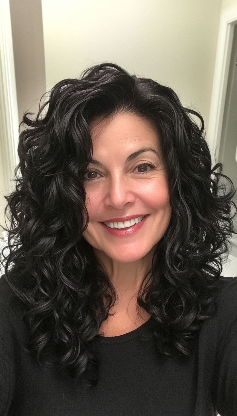 23. Medium-Length Textured Curls with Jet Black (Medium Length Hairstyles For Women Over 40) - Medium Length Hairstyles For Women Over 40
