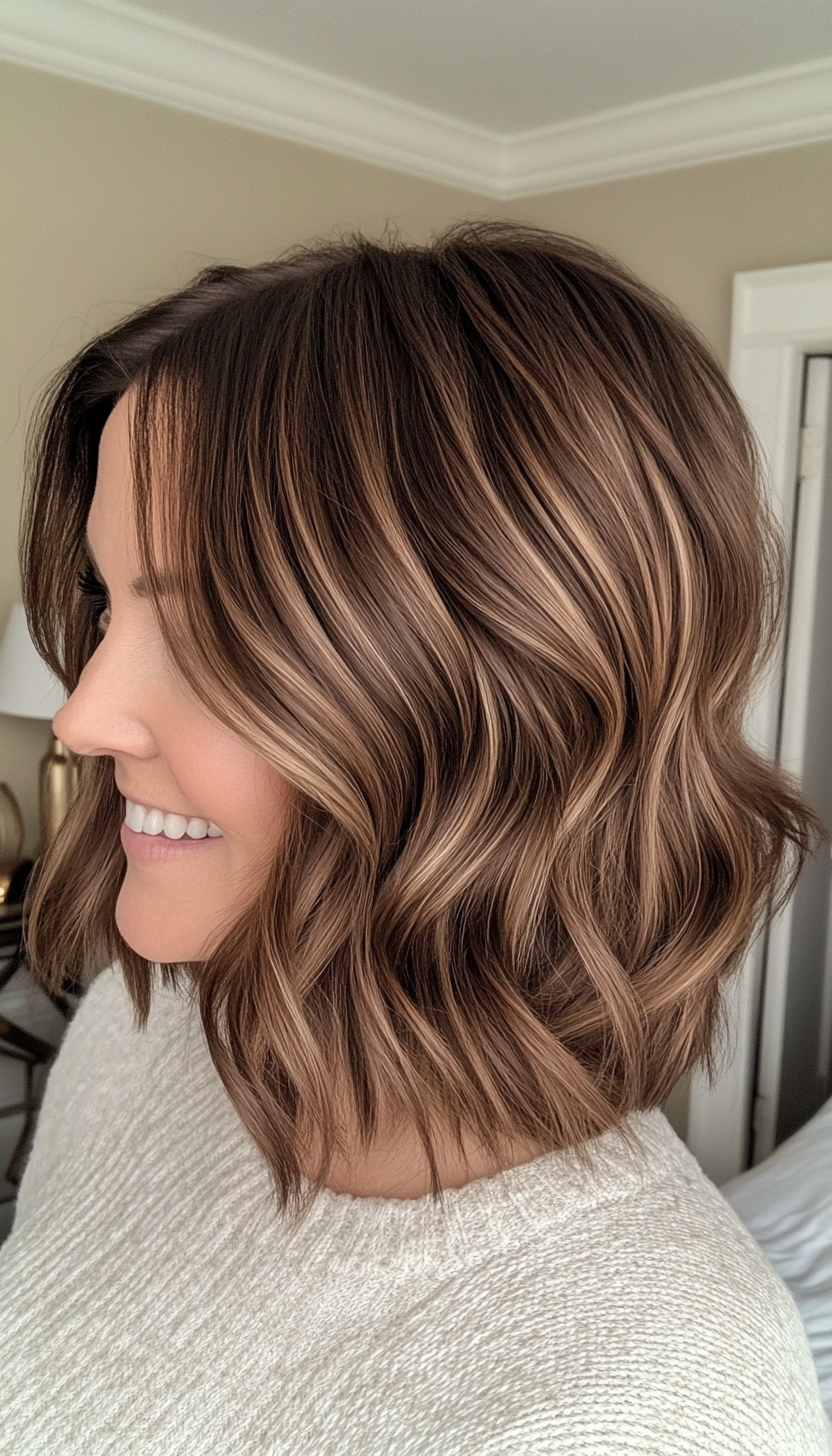 26. Layered Wave Bob with Natural Brown (Medium Length Hairstyles For Women Over 40) - Medium Length Hairstyles For Women Over 40