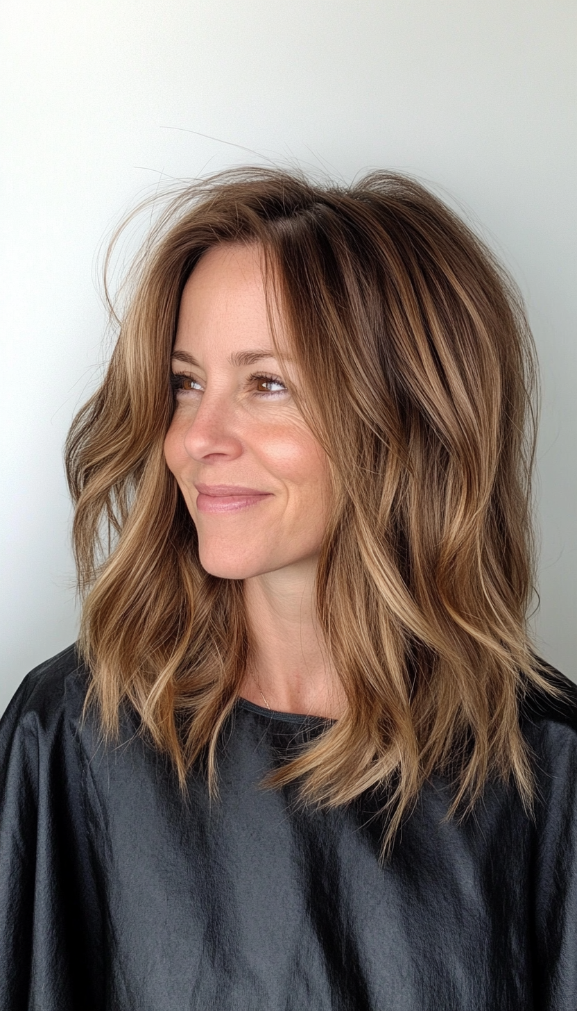 27. Choppy Ends with Warm Caramel Brown (Medium Length Hairstyles For Women Over 40) - Medium Length Hairstyles For Women Over 40