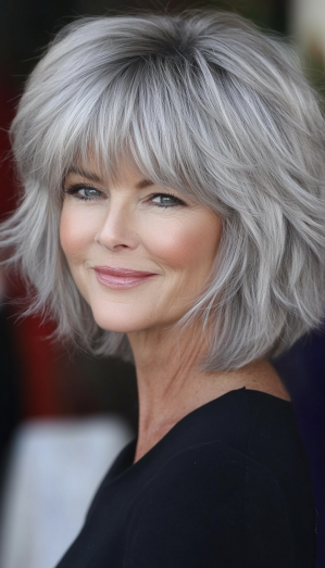 1. Classic Silver Layered Shag (Short Shag Haircuts With Bangs For Older Women) - Short Shag Haircuts With Bangs For Older Women