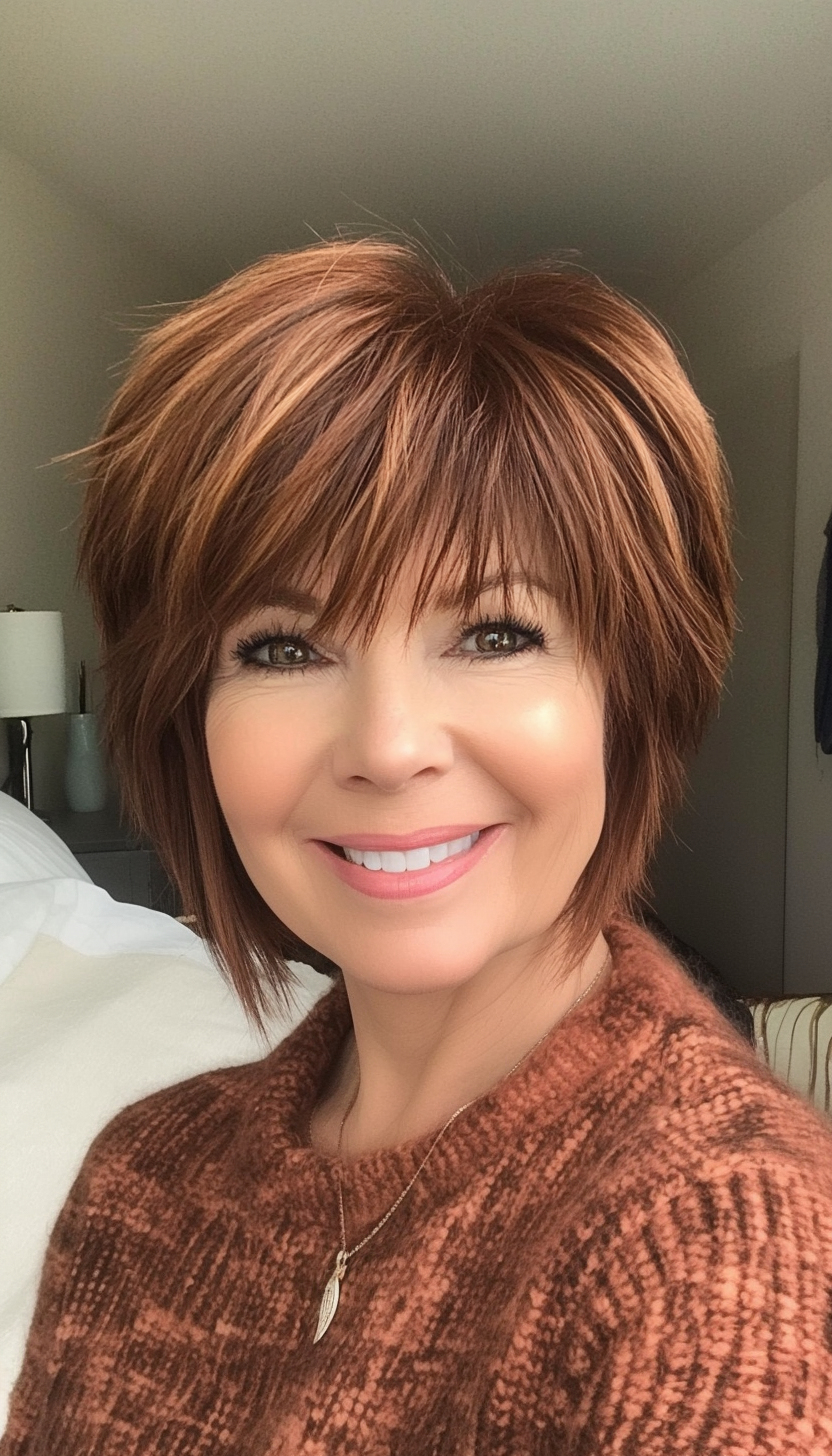 2. Warm Chestnut Pixie Shag (Short Shag Haircuts With Bangs For Older Women) - Short Shag Haircuts With Bangs For Older Women