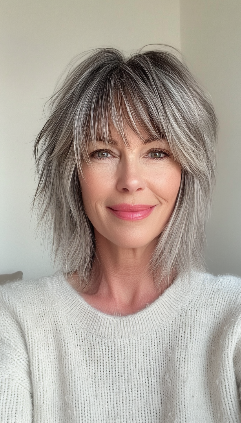 5. Salt and Pepper Short Shag (Short Shag Haircuts With Bangs For Older Women) - Short Shag Haircuts With Bangs For Older Women