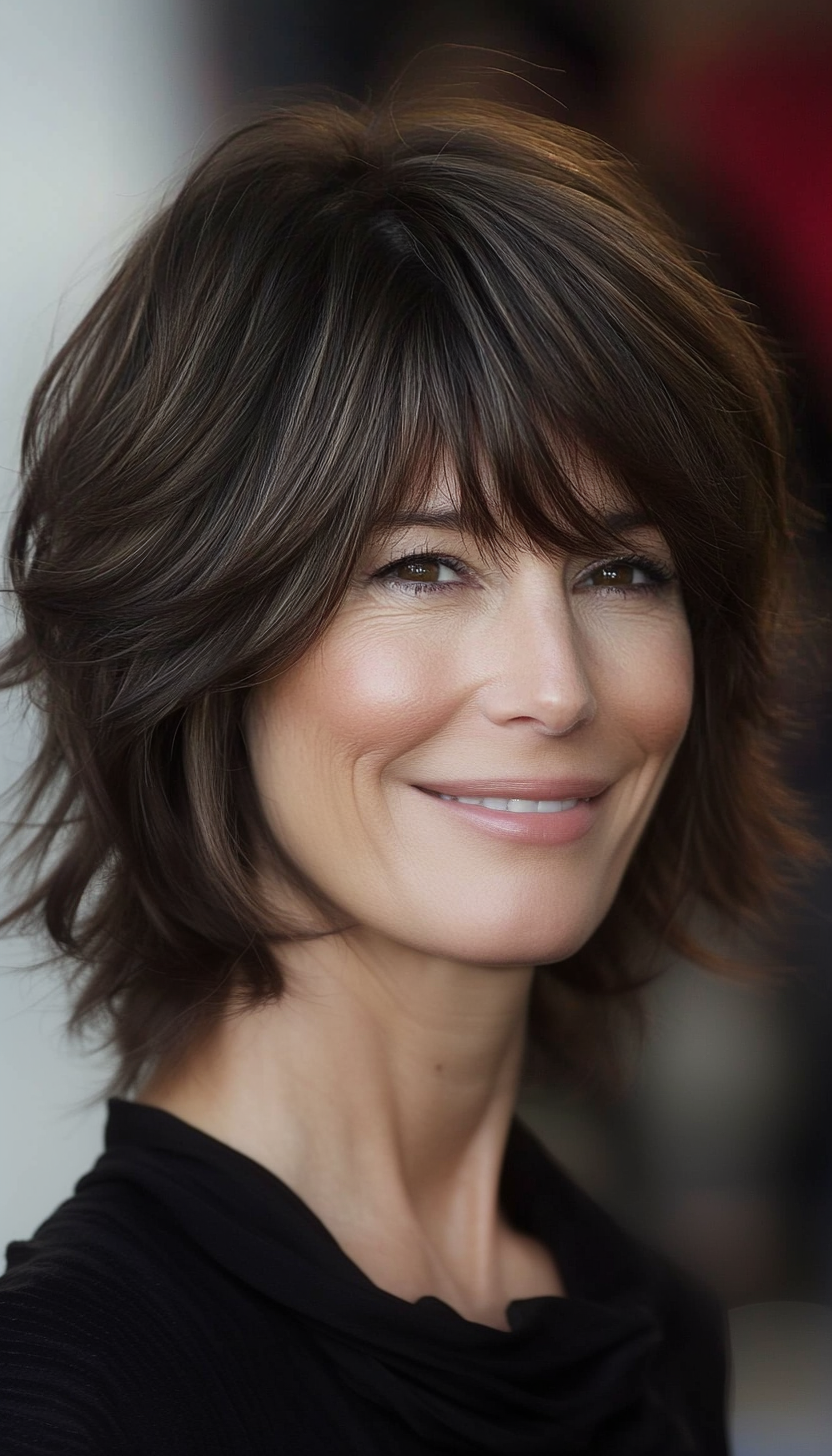 8. Dark Chocolate Layered Crop (Short Shag Haircuts With Bangs For Older Women) - Short Shag Haircuts With Bangs For Older Women