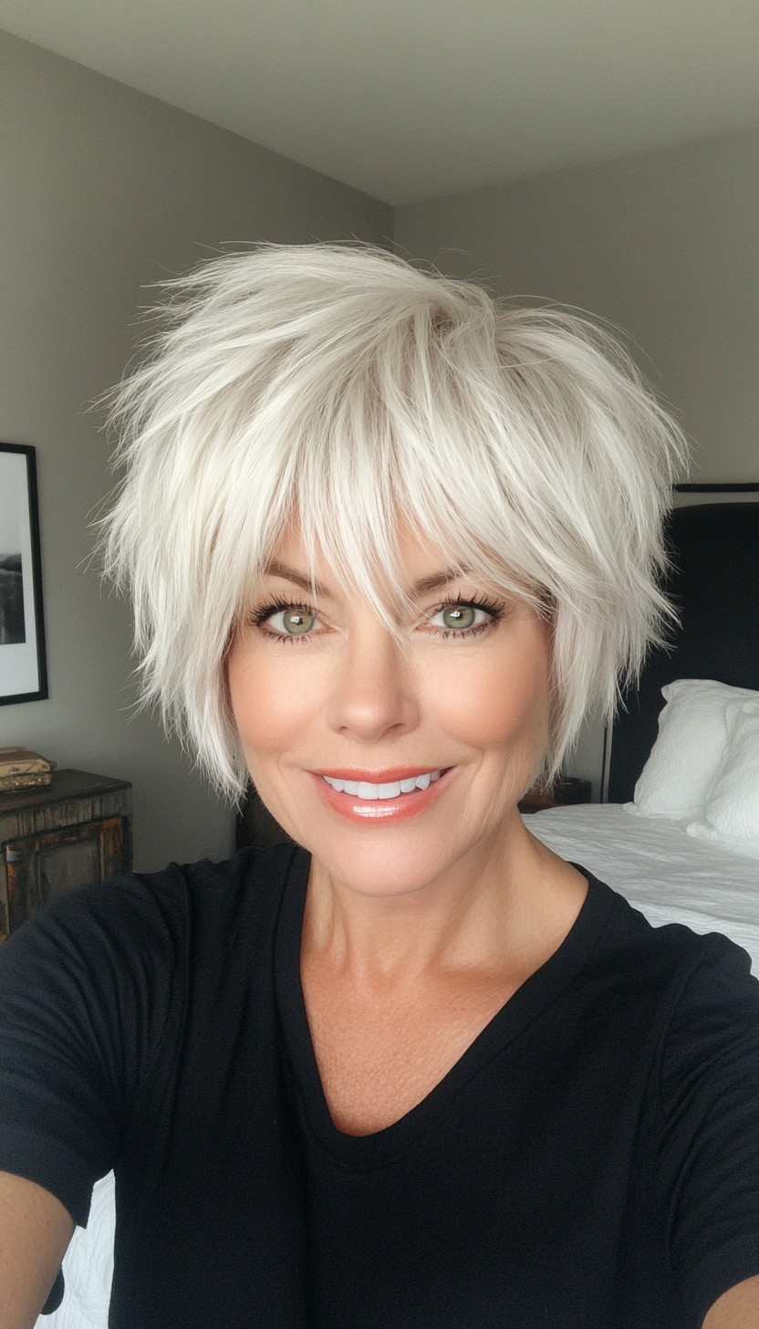 9. Platinum Pixie Shag with Choppy Bangs (Short Shag Haircuts With Bangs For Older Women) - Short Shag Haircuts With Bangs For Older Women