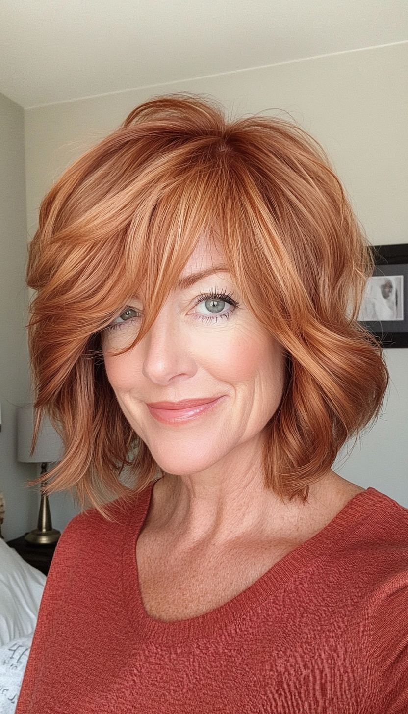 10. Soft Copper Shag with Side Bangs (Short Shag Haircuts With Bangs For Older Women) - Short Shag Haircuts With Bangs For Older Women