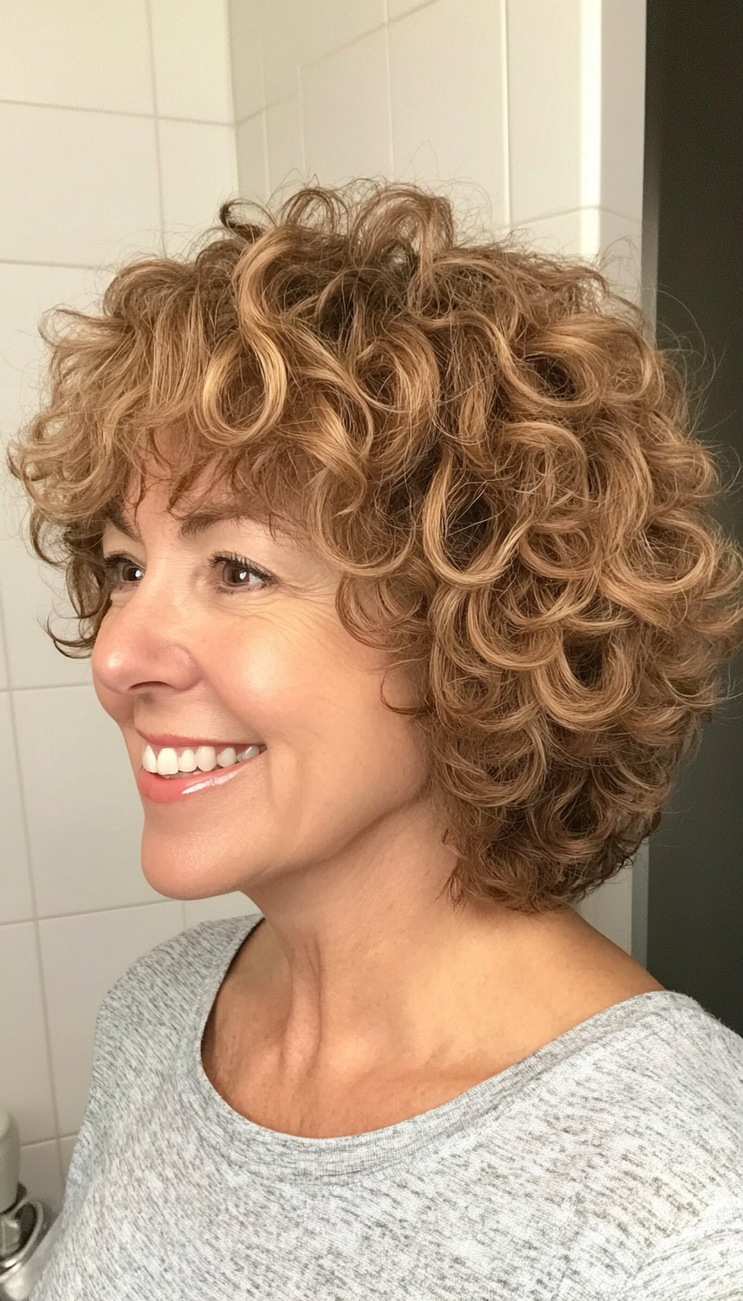 11. Caramel Curly Shag (Short Shag Haircuts With Bangs For Older Women) - Short Shag Haircuts With Bangs For Older Women