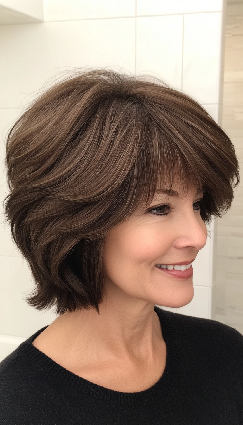 12. Espresso Layered Bob Shag (Short Shag Haircuts With Bangs For Older Women) - Short Shag Haircuts With Bangs For Older Women