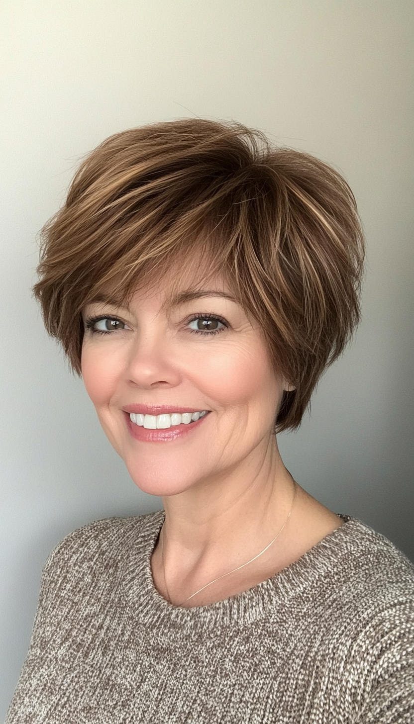 13. Chestnut Layered Pixie with Wispy Bangs (Short Shag Haircuts With Bangs For Older Women) - Short Shag Haircuts With Bangs For Older Women