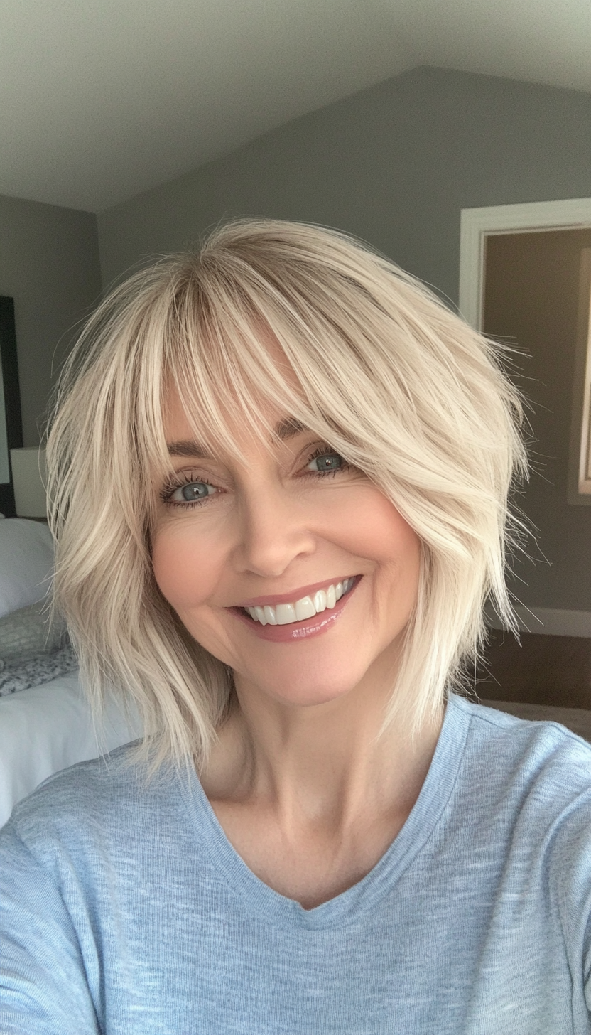 14. Icy Blonde Razored Shag (Short Shag Haircuts With Bangs For Older Women) - Short Shag Haircuts With Bangs For Older Women