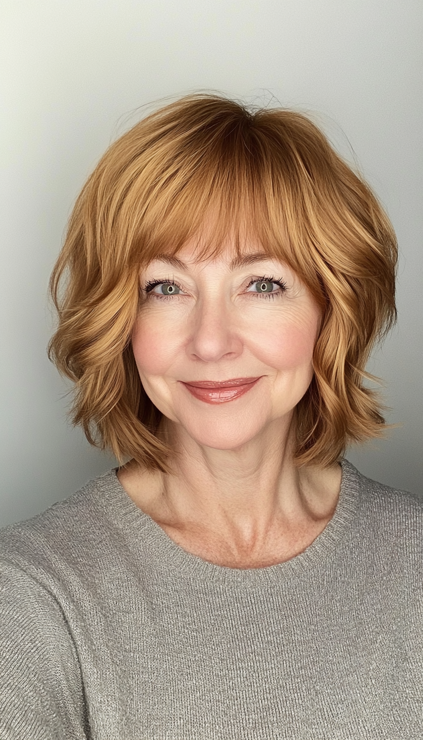 16. Golden Brown Short Shag (Short Shag Haircuts With Bangs For Older Women) - Short Shag Haircuts With Bangs For Older Women
